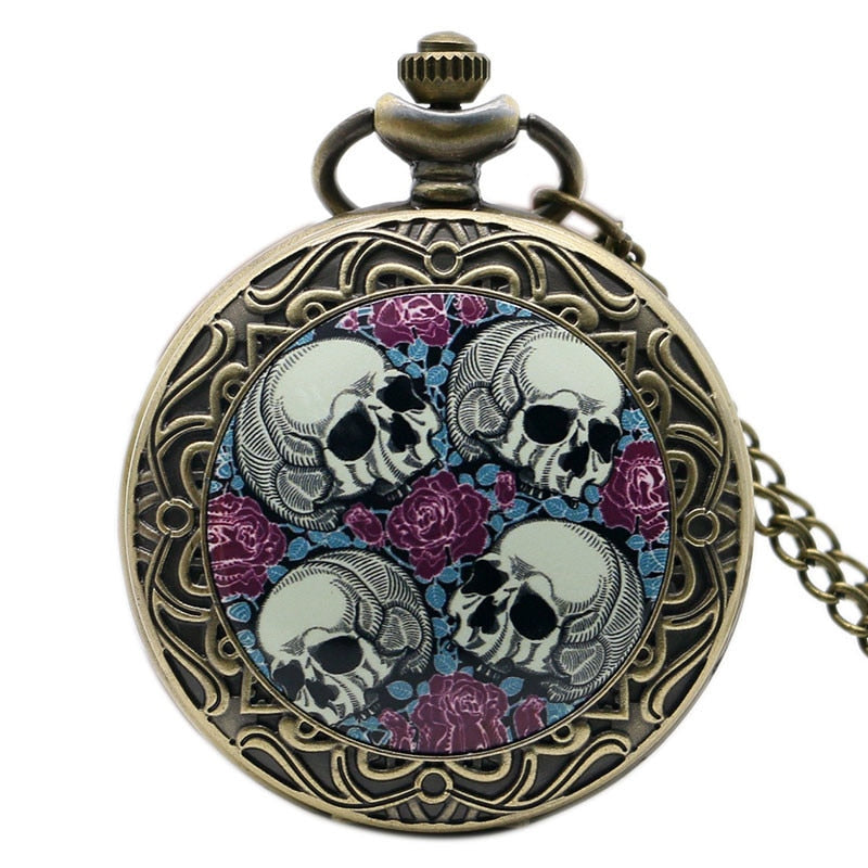 Purple flower four sly heads retro pocket watch