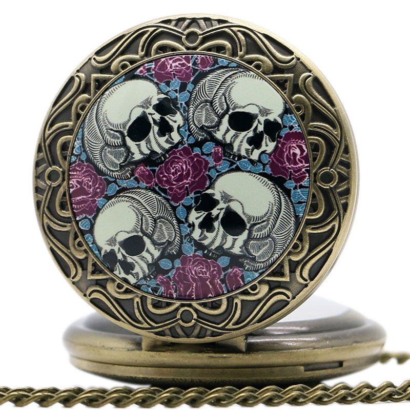 Purple flower four sly heads retro pocket watch