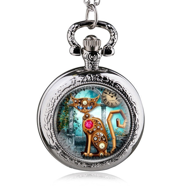 Steampunk Cat Locket Pocket Watch